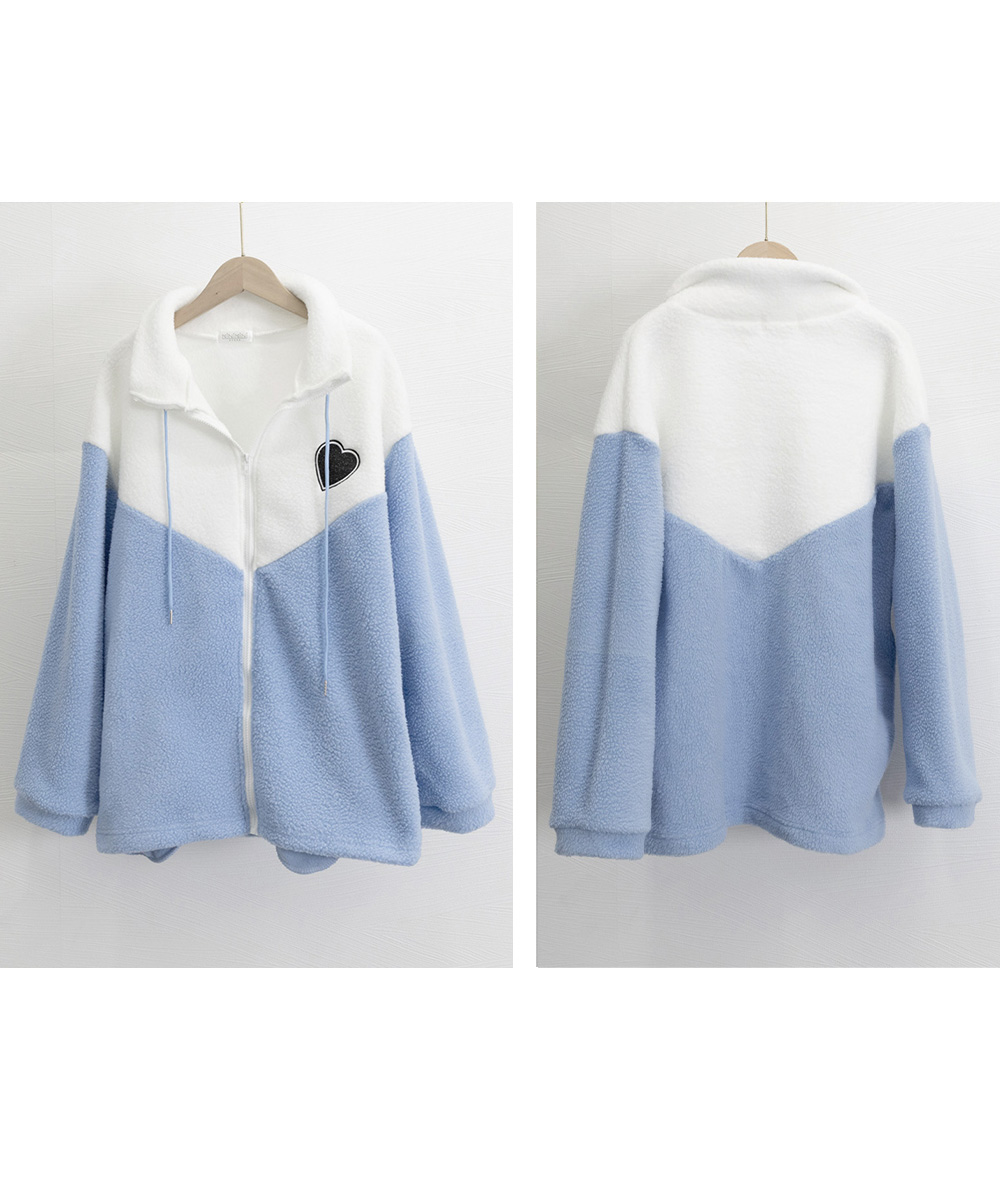 タートルネック 立ち襟ボア配色ジャケット ハート刺繍付き　レディース　長袖