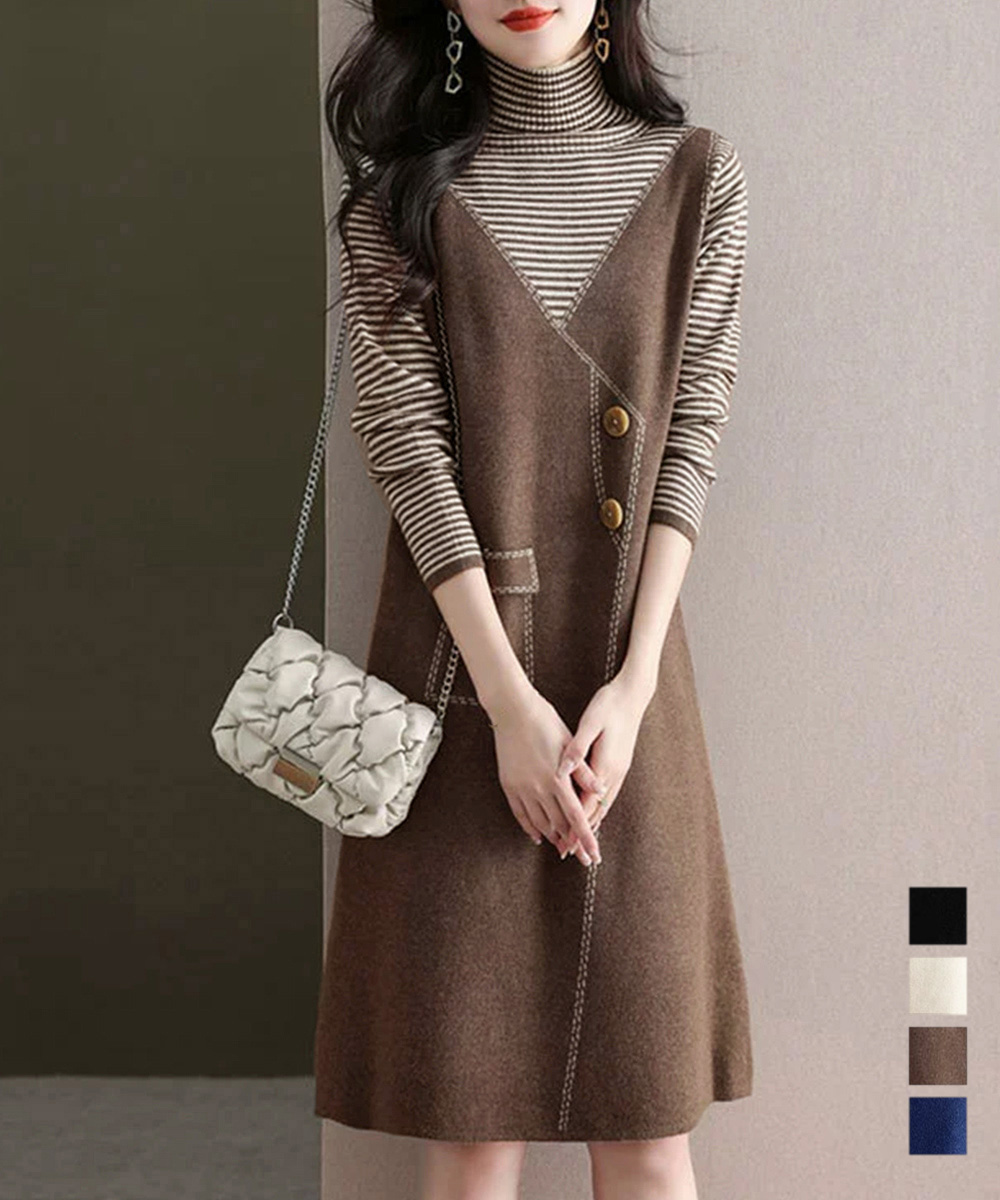 タートルネック重ね着風ニットワンピース