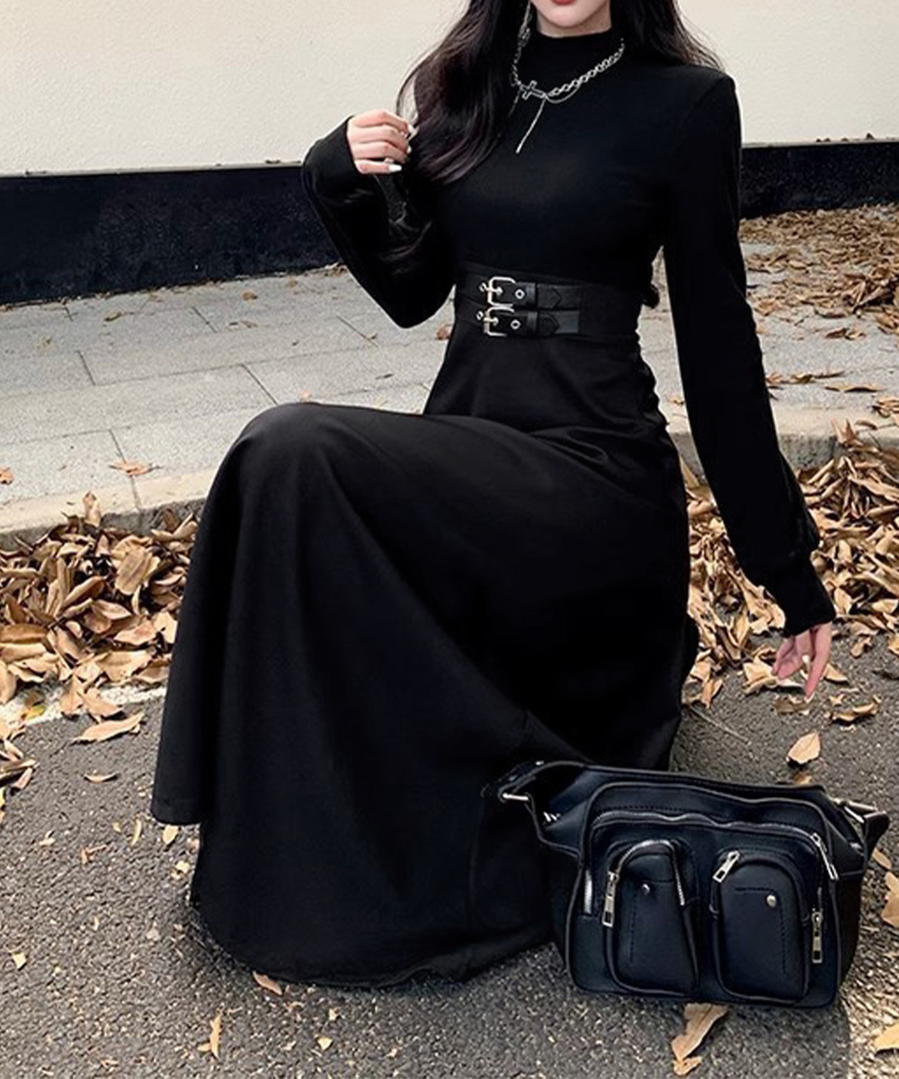 タートルネック ベルト飾り長袖ロングワンピース体型カバー　レディース　長袖