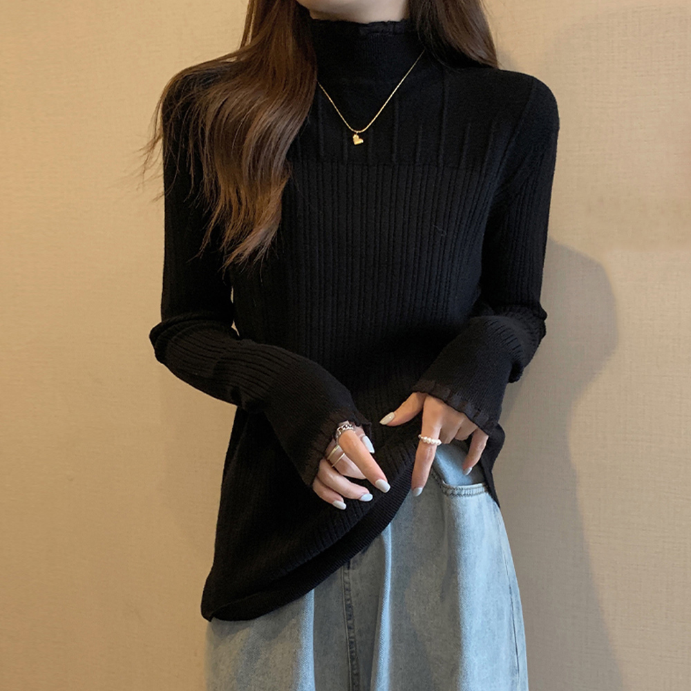 タートルネックニットシャツ フリルデザイン 長袖 レディース