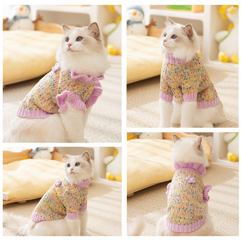 猫服 ふんわり袖フリル付きミックス編みニットセーター