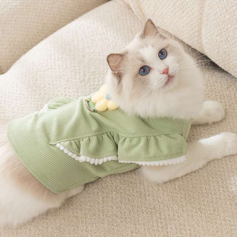 猫服 洋服 | 猫用フリル付きライトグリーンワンピース