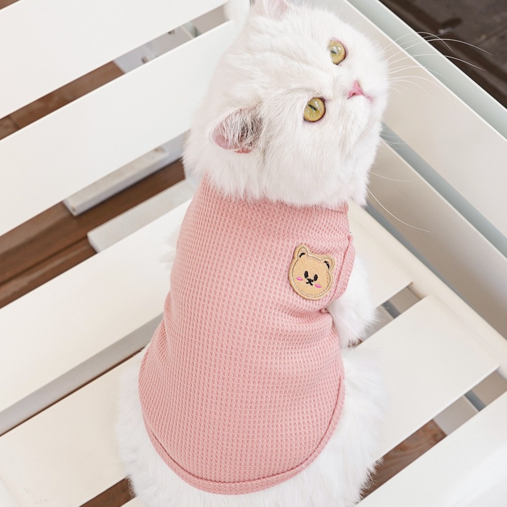 猫服洋服 くまワッペン付きワッフル地タンクトップ