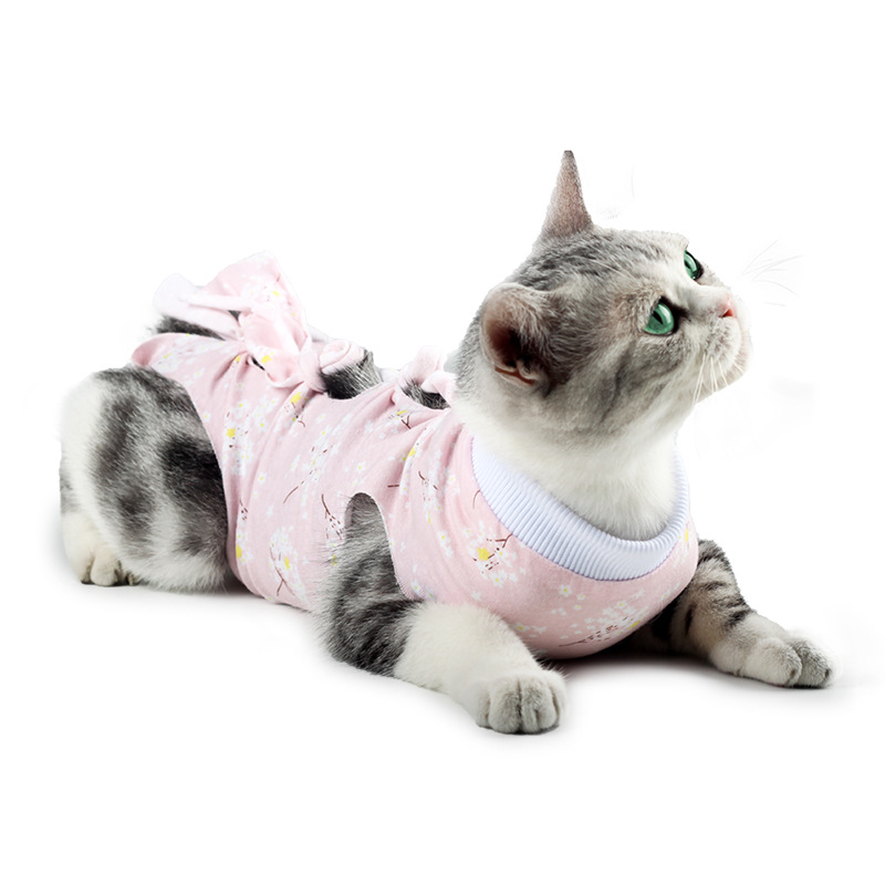猫服　小花柄リボン付き術後服ワンピース