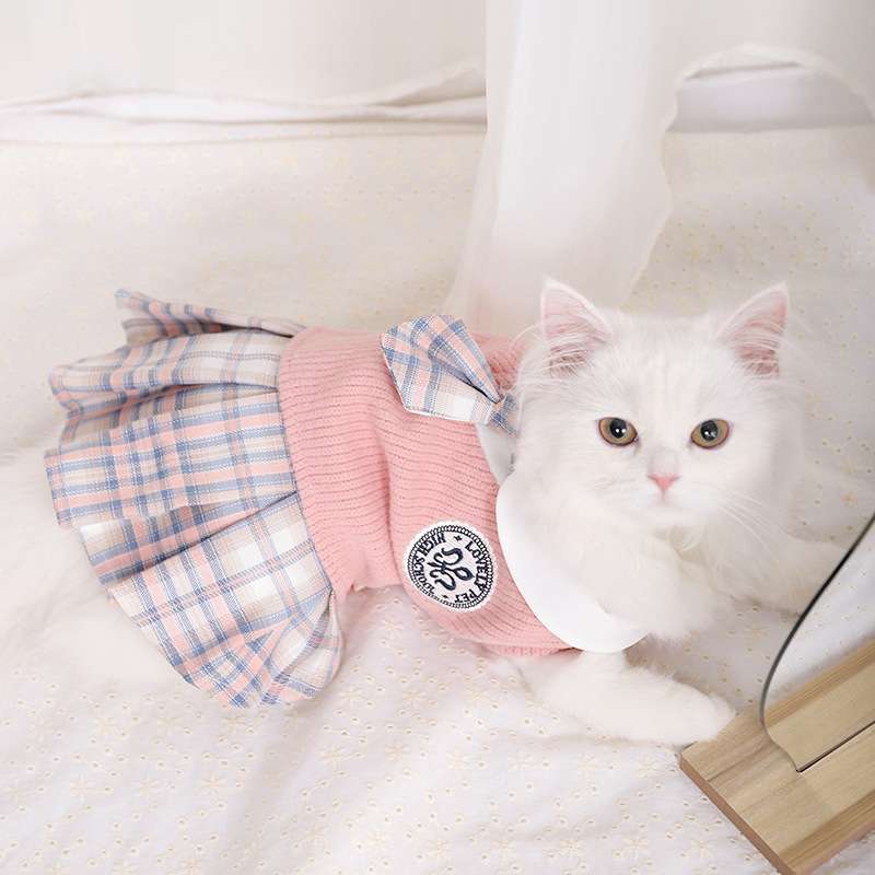 猫服 洋服 | ふんわりチェック柄スカート付き猫用セーター