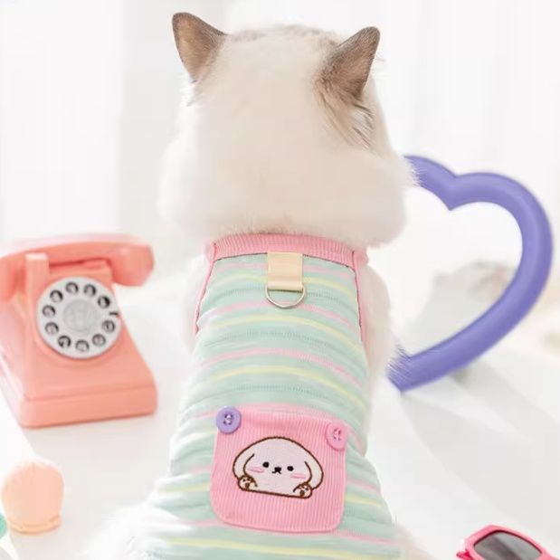 猫服 パステルボーダーポケット付きハーネス