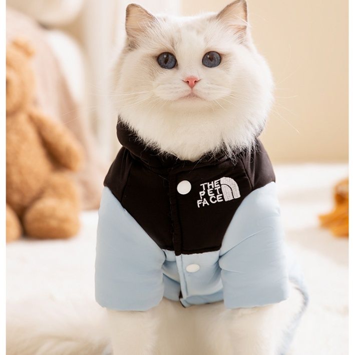 猫服 ふわもこ毛皮付き中綿入り猫用つなぎ防寒着