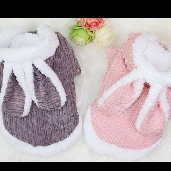 猫服 うさぎ耳付きもこもこ編み込み猫用防寒着