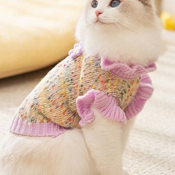 猫服洋服 ふんわり袖フリル付きミックス編みニットセーター