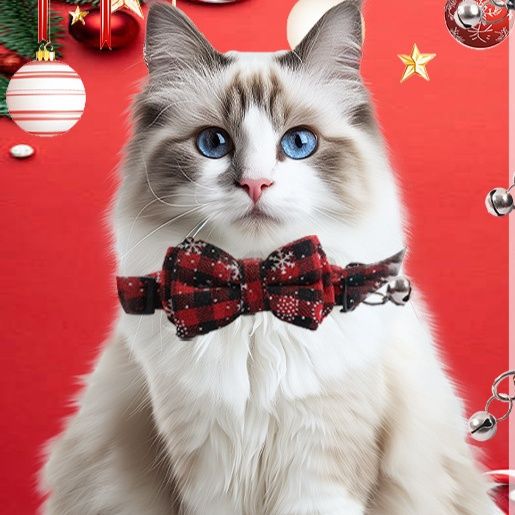 猫服 雪降る聖夜の蝶結び付き格子柄鈴付き首輪