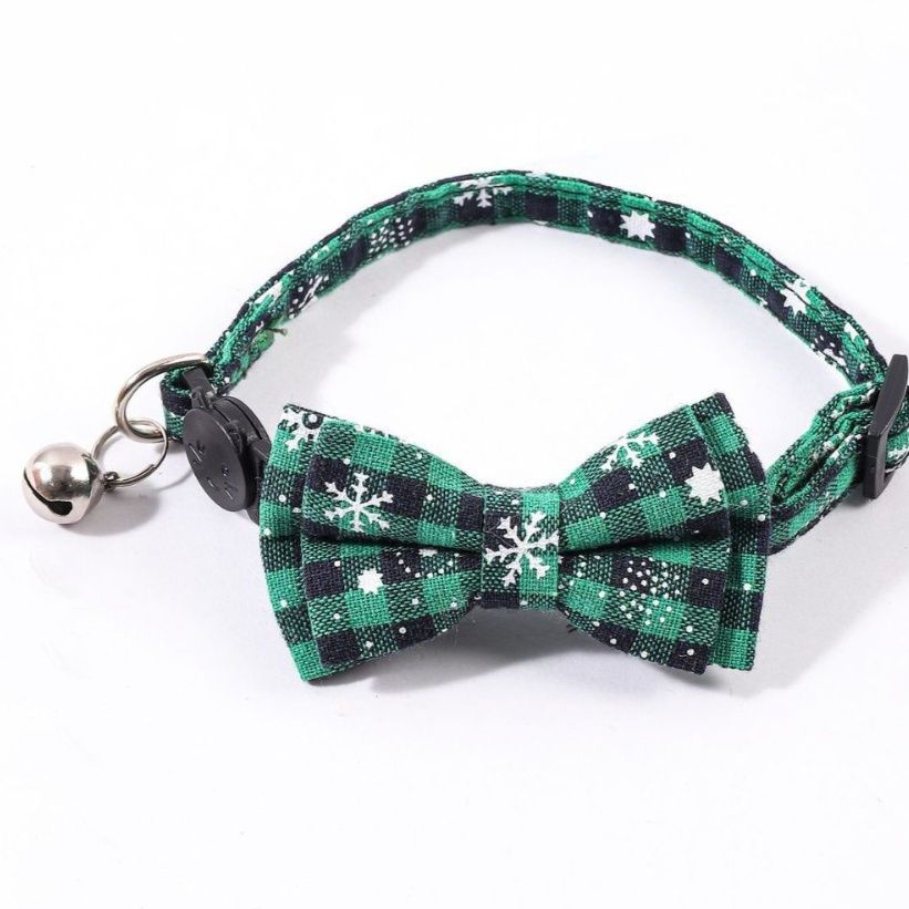 猫服 雪降る聖夜の蝶結び付き格子柄鈴付き首輪