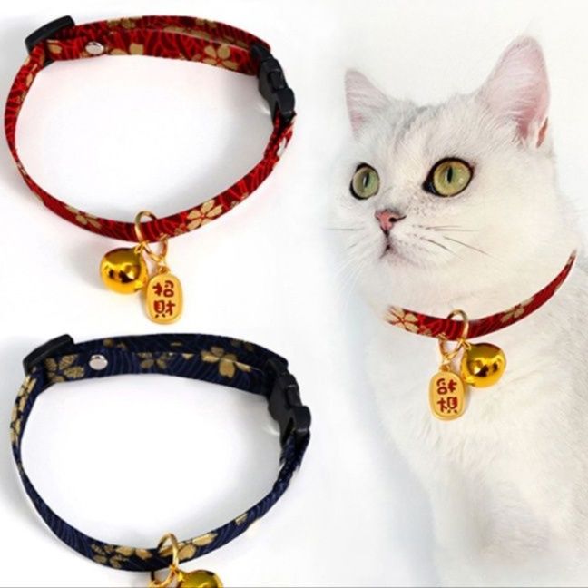 猫服 和風招き猫鈴付き花柄ちりめん首輪