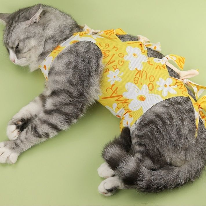 猫服 猫用リボン結び帯付き術後回復服 かわいい花柄