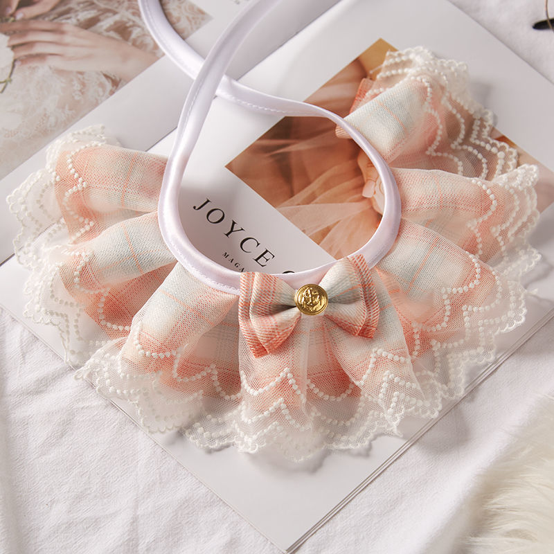 猫服 上品チェック柄リボンとレース付き首輪