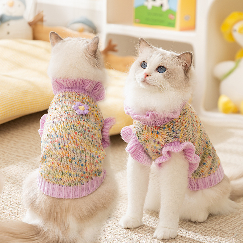 猫服 ふんわり袖フリル付きミックス編みニットセーター