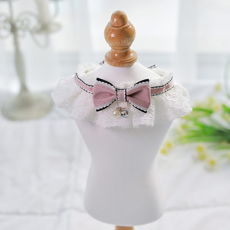 猫服 優雅なレース襟付きリボン首輪パール飾り