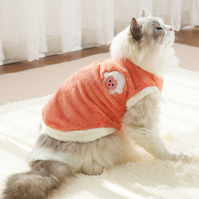 猫服 花刺繍入りふわもこ素材の袖なし猫用洋服