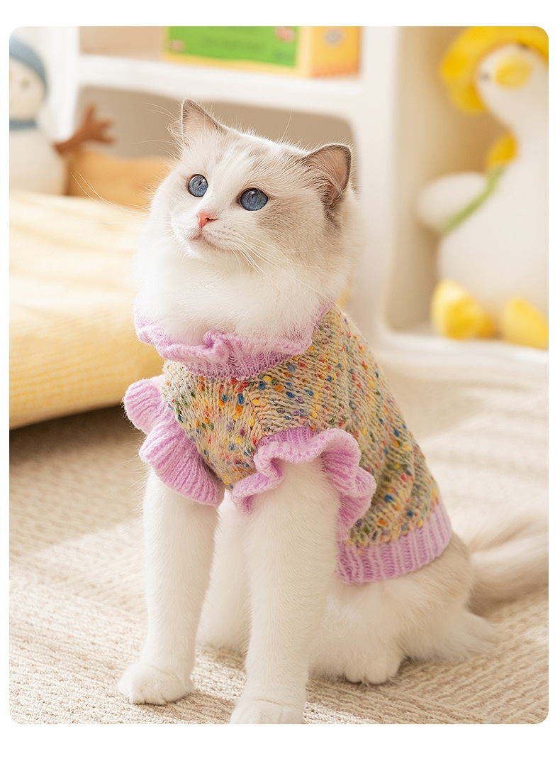 猫服 ふんわり袖フリル付きミックス編みニットセーター