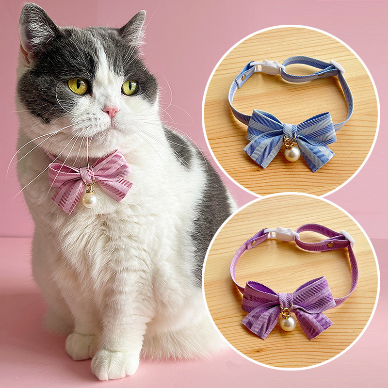 猫服 上品なリボンと大粒パール付き猫用首輪