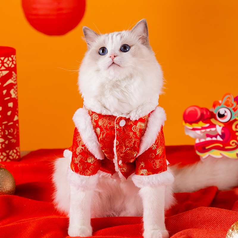 猫服 獅子舞刺繍入り中華風新年祝い猫用唐装