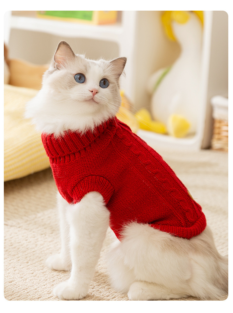 猫服 猫用タートルネックケーブル編みニットセーター