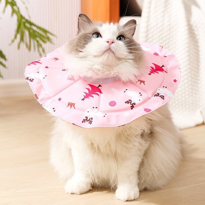 猫服 可愛い猫柄プリント防水エリザベスカラー