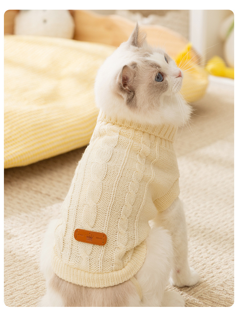 猫服 猫用タートルネックケーブル編みニットセーター