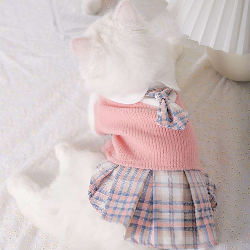 猫服 洋服 | ふんわりチェック柄スカート付き猫用セーター