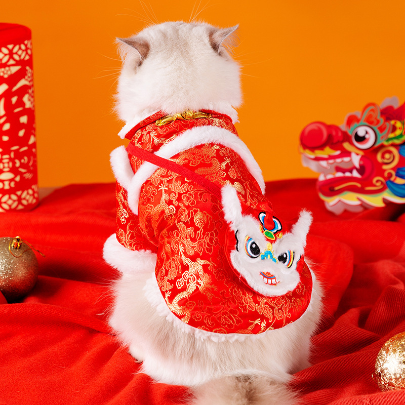 猫服 獅子舞刺繍入り中華風新年祝い猫用唐装