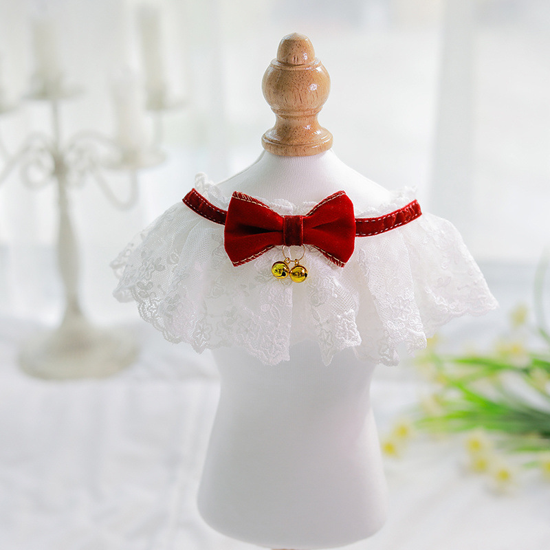 猫服 優雅なレース襟付きリボン首輪パール飾り