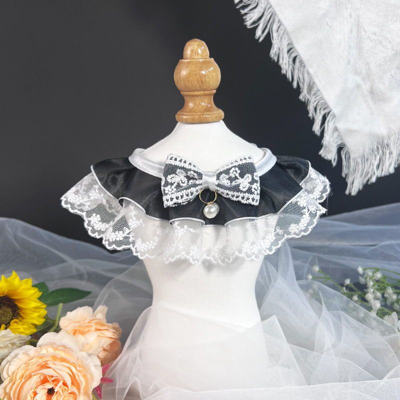 猫服 優雅なレース襟付きリボン首輪パール飾り