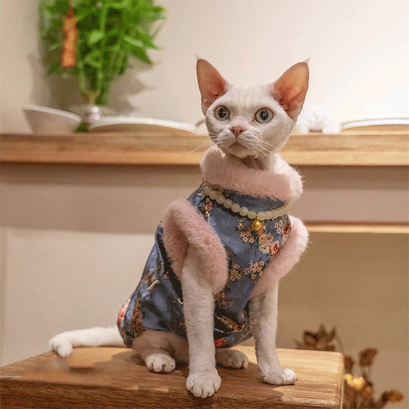 猫服 華やか花柄刺繍ふわふわファー襟付きベスト スフィンクス