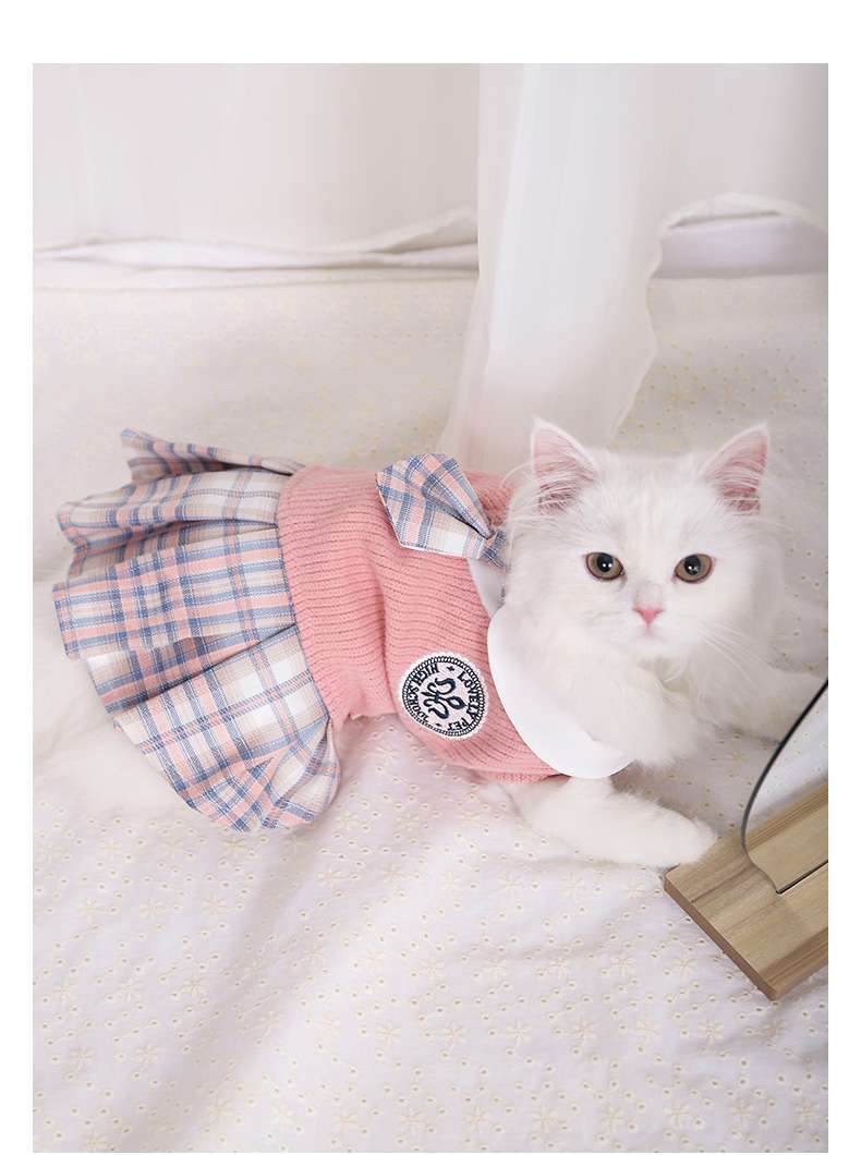 猫服 洋服 | ふんわりチェック柄スカート付き猫用セーター