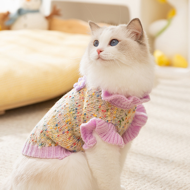 猫服 ふんわり袖フリル付きミックス編みニットセーター