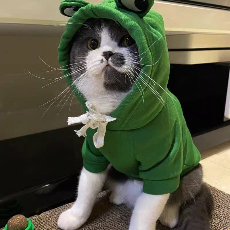 猫服 かえる変身フード付きもこもこ猫用着ぐるみ　洋服