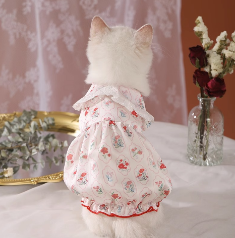 猫服 猫用 花柄フリル付き 夏向け洋服