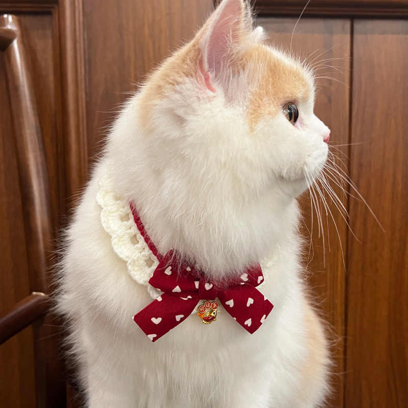 猫服 縁起福文字チャーム付き和風リボン首輪