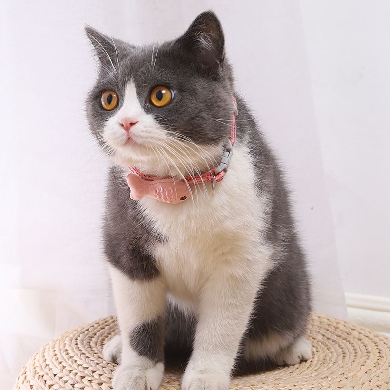 猫服 小魚モチーフ付き格子柄刺繍首輪