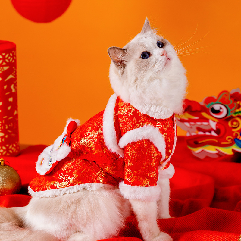 猫服 獅子舞刺繍入り中華風新年祝い猫用唐装