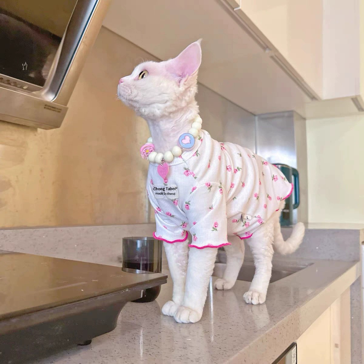 猫服 小花刺繍フリル袖リブニット猫服　スフィンクス