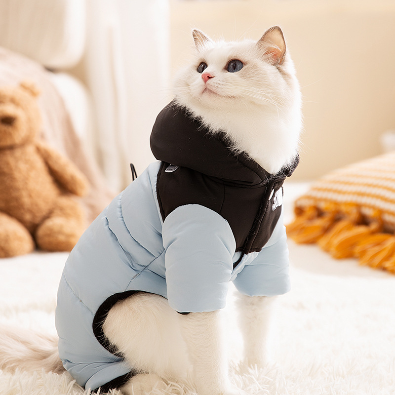 猫服 ふわもこ毛皮付き中綿入り猫用つなぎ防寒着