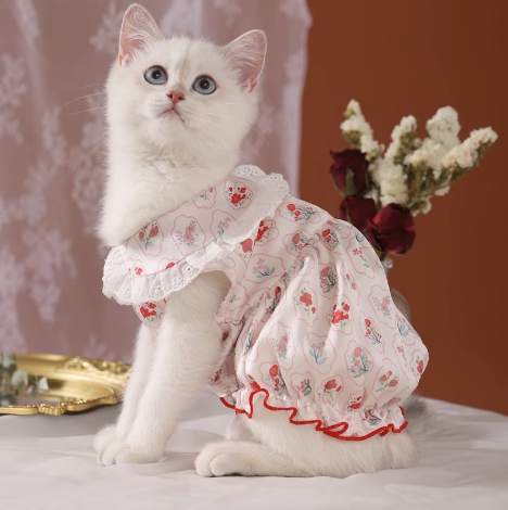猫服 猫用 花柄フリル付き 夏向け洋服