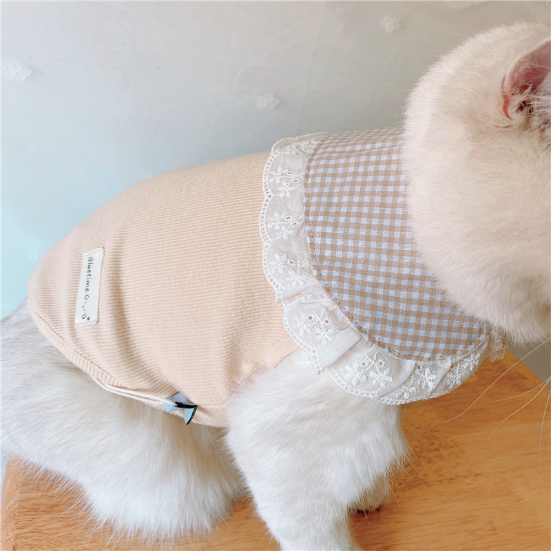 愛猫用襟付きレース装飾胸当て付きニットベスト