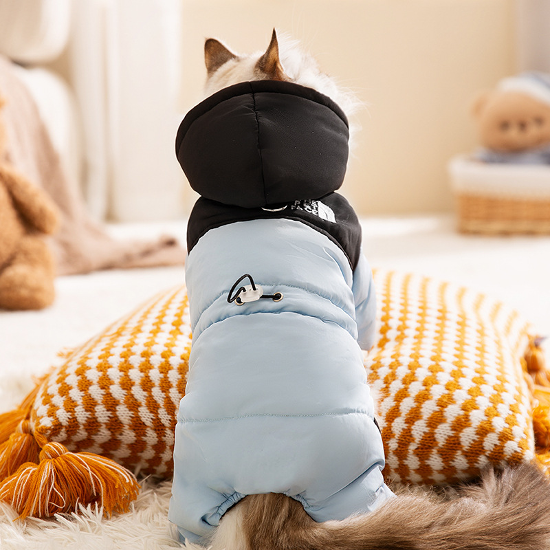 猫服 ふわもこ毛皮付き中綿入り猫用つなぎ防寒着