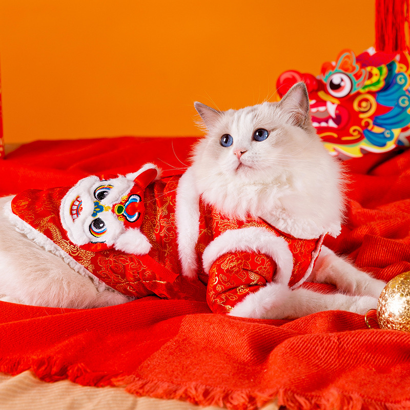 猫服 獅子舞刺繍入り中華風新年祝い猫用唐装