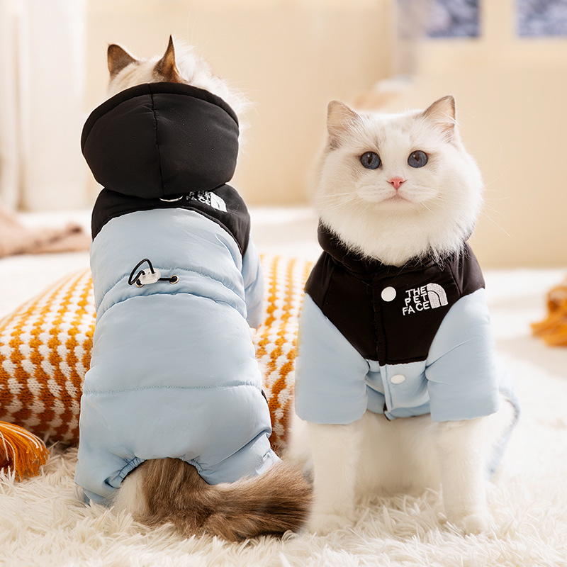 猫服 ふわもこ毛皮付き中綿入り猫用つなぎ防寒着