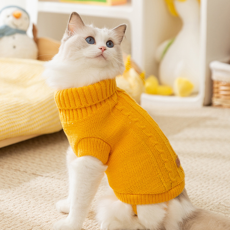 猫服 猫用タートルネックケーブル編みニットセーター