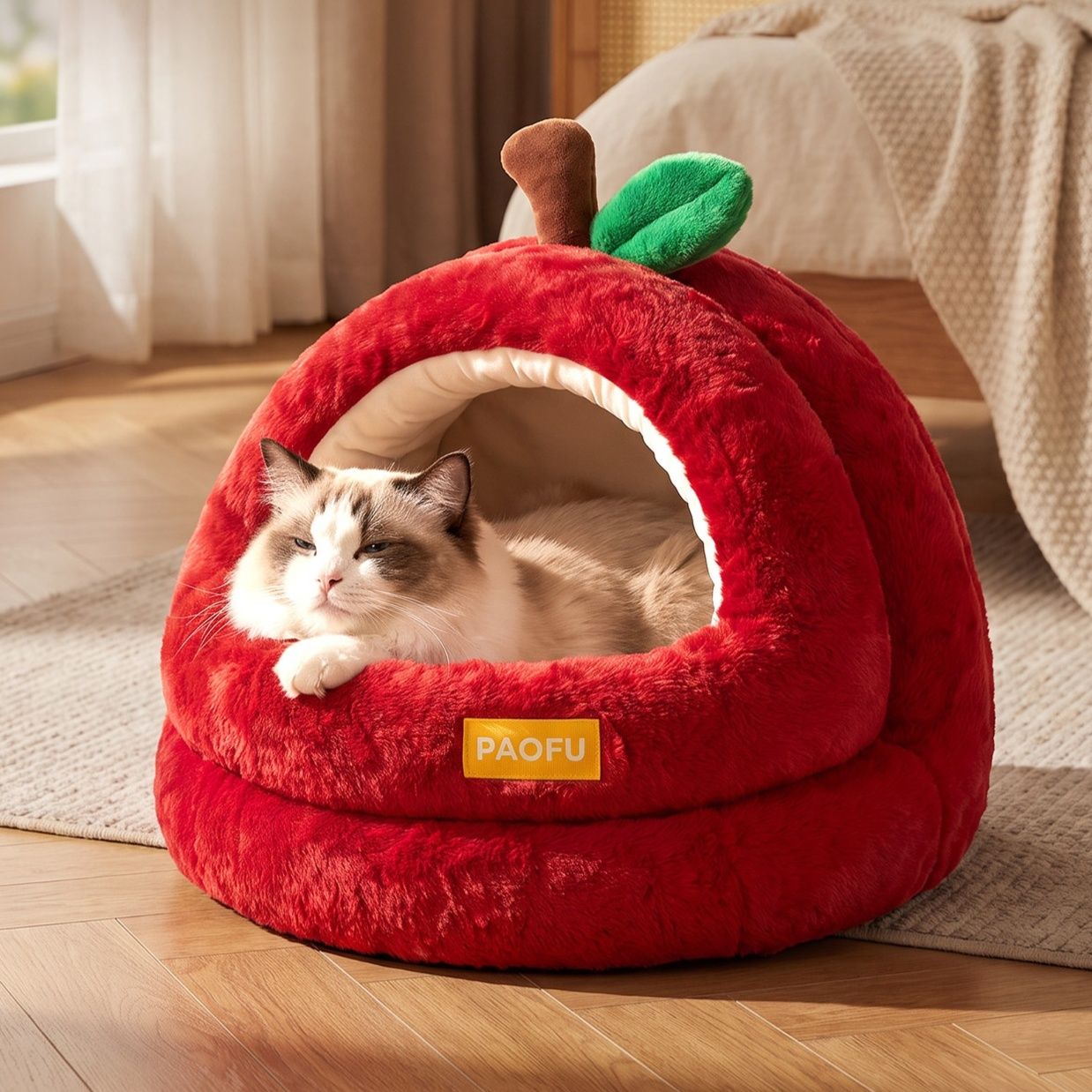 猫ハウス りんご型ふわふわあったか猫ハウス ドーム型寝床 冬用