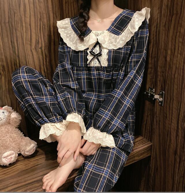 レディースパジャマ 長袖チェック柄レースパジャマ上下セット