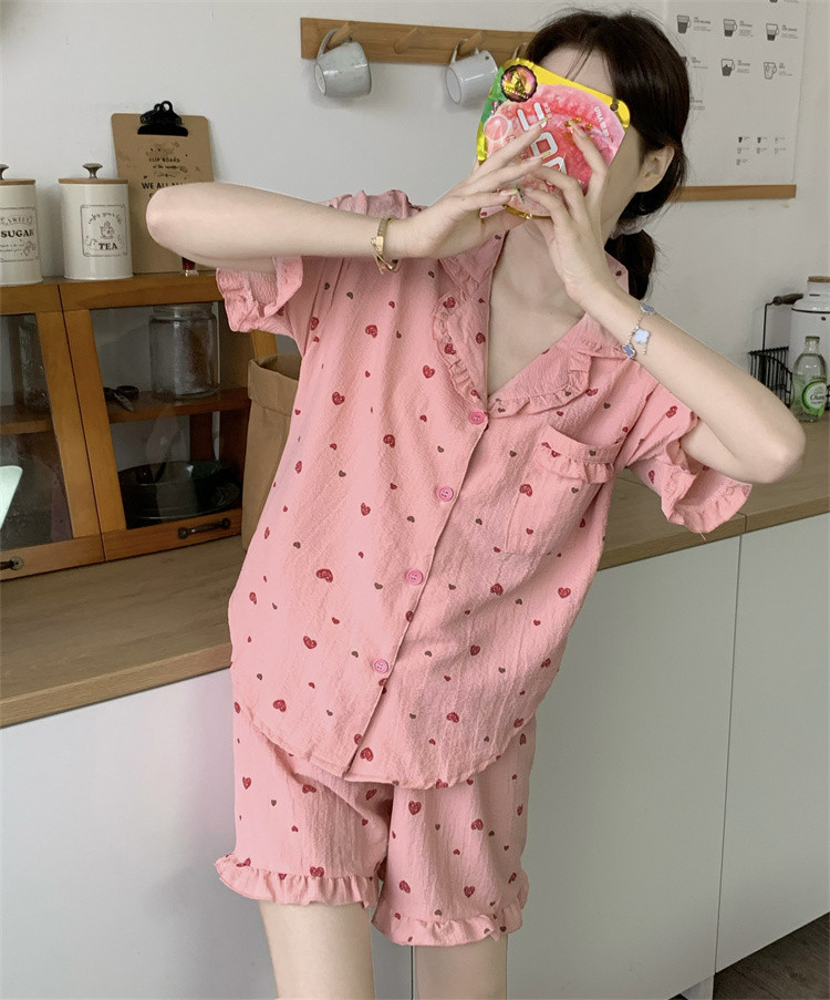レディースパジャマ 前開き 半袖 ハート柄 フリル ショートパンツ パジャマ 上下セット
